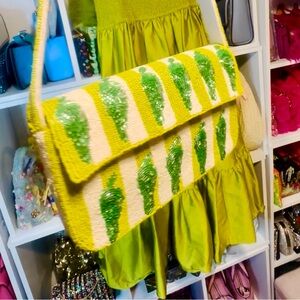 Stylish Green & Cream Beaded Bag with chillies.